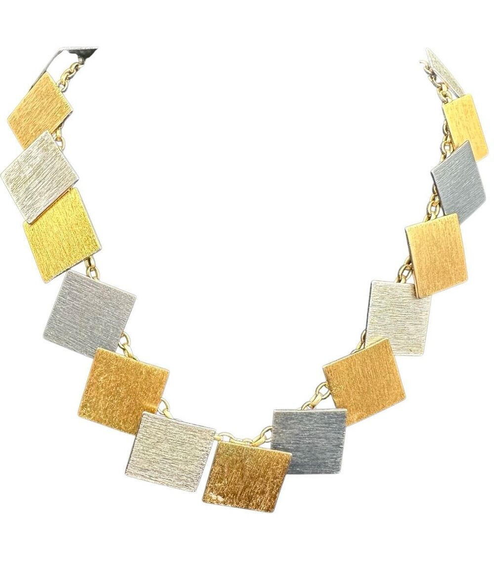 Vintage Napier Signed Two Tone Square Plaque Geometric Collar Necklace